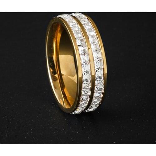 Two Row Clear Crystal Rings Gold Color Stainless Steel Round Pave Finger Rings for Women Engagement Wedding Luxury Jewelry Gift