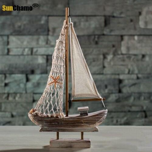 Home Furnishing Mediterranean Retro Sailing Wooden Boats Model Ornament Art Bar Cafe Decoration Accessoriess Kids Gift