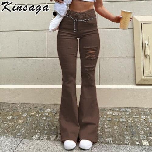 Y2k High Waist Skinny Ripped Brown Flare Pants Women Street Hole Stretchy Boot Cut Denim Trousers Vintage Wide Leg Jeans Mom