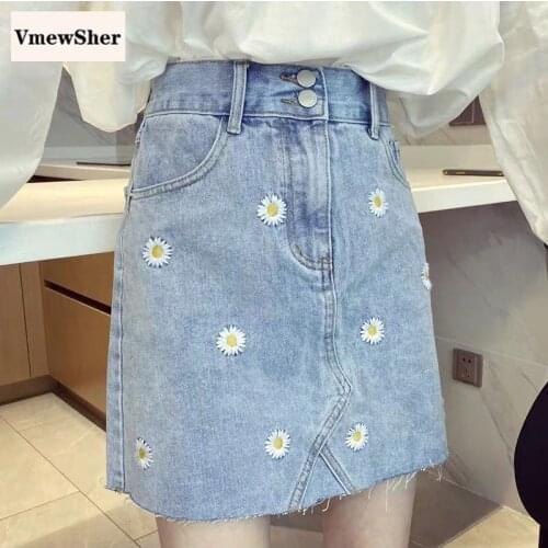 VmewSher Flowers Embroidery Women Denim Skirt Floral Summer Autumn Lady Elegant Fashion Students Sweet Tassel Mini Jean Skirts