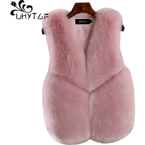 UHYTGF High quality imitation fox fur Autumn winter vest womens Single-breasted sleeveless waistcoat short fur vest jacket 823