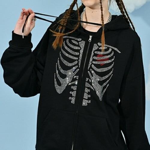 Loose Gothic Tops Women Sweatershirt Skeleton Heart Pattern Long Sleeve Cardigan with Drawstring Pocket 2021 Streetwear