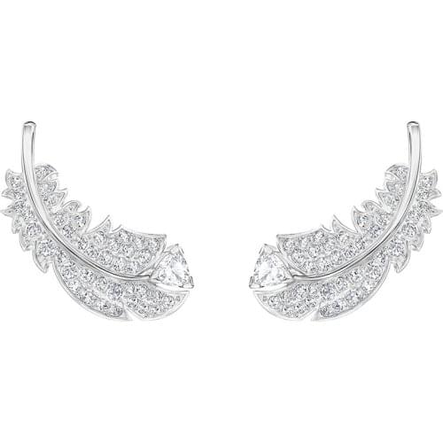 Huitan Silver Color Feathers Shaped Women Earrings Brilliant Cubic Zirconia Female Party Statement Ear Studs Top Quality Jewelry