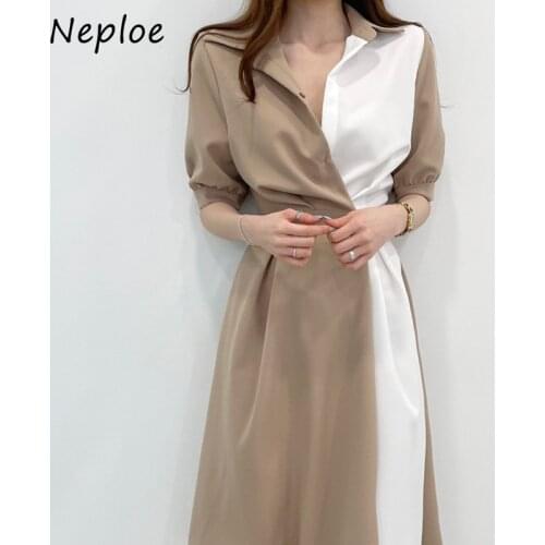 Neploe Hit Color Patchwork Ol Long Dress Women High Waist Hip Sashes A Line Vestidos Summer 2021 New Short Sleeve Robe Loose