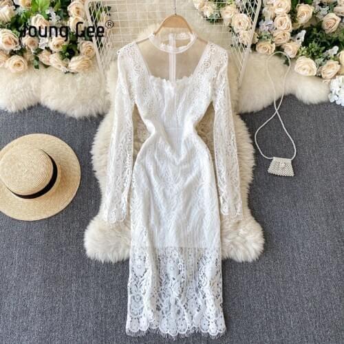 Young Gee Spring Floral Hollow Out White Lace Dress Women Long Sleeve O-Neck Slim Waist Bodycon Female Pencil Party Dresses