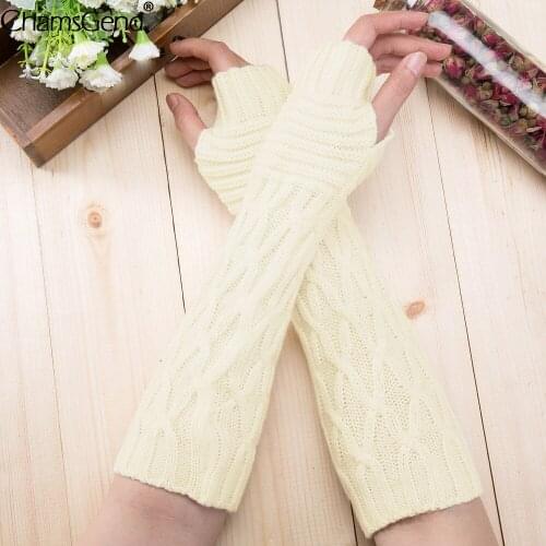 Winter Women Knit Gloves Arm Wrist Sleeve Hand Warmer Girls Rhombus Long Half Winter Mittens Fingerless Gloves Dropshipping