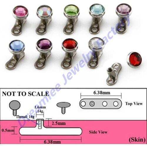 40pieces Flat CZ Gem Assorted Color Dermal Anchor Base Tops Skinner Diver Head Implants Body Piercing Jewelry
