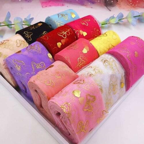 5yards Bronzing Glitter Powder Hollow Bow Printed Organza Stain Ribbon for DIY Craft Gift Bouquet Packaging Sewing Material