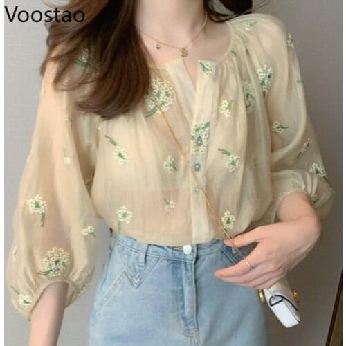 Spring Summer Women Sweet Sunscreen Shirt Korean Style Loose Flower Embroidery Tulle Blouses Female Gentle Thin Blusas Mujer