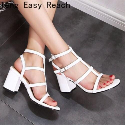 White High Heels Sandals Fashion Cross PU Leather Peep Toe Chunky Heel Woman Concise Ankle Buckle Shoes 2021 Summer New