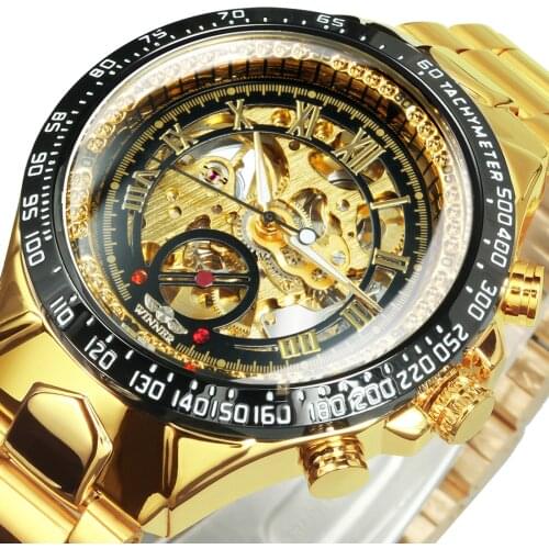 WINNER Official Fashion Luxury Mens Mechanical Skeleton Watch Big Metal Strap Top Brand Dropship Retro Wristwatches Golden +BOX