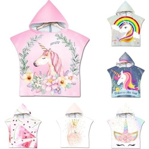 Unicorn Pattern Hooded Beach Towel for Children Kids Portable Outdoor Travel Shade Hooded Bathrobe Wearable Bath Towel 60x60cm