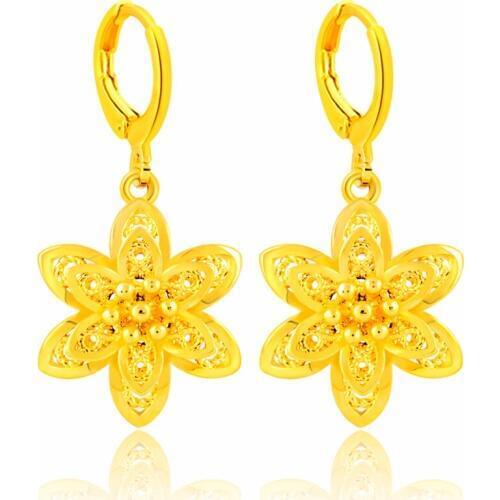 New Arrival Real 24k Gold Color Fashion Simple Flower Hoop Earrings for Women Valentines Day Gift