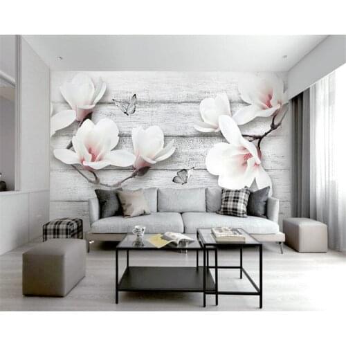Customized living room bedroom background wall 3d wallpaper magnolia blossom butterfly wood grain 3d wallpaper papier peint