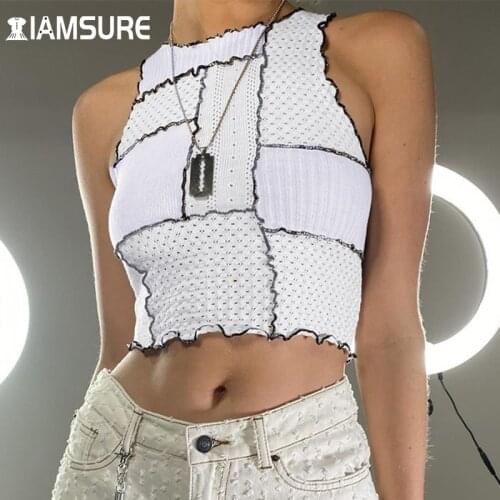 IAMSURE Patchwork White Crop Top Vest Slim O-Neck Sleeveless Tank Tops Women Summer 2021 New Fashion Vintage Casual Streetwear