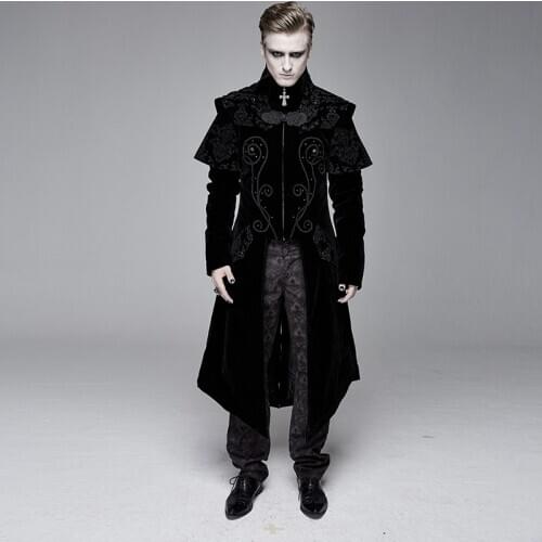 Vintage Gothic Winter Men Jacket Black Long Coat Embroidery Metal Cross Decoration Irregular Shape Men Clothes