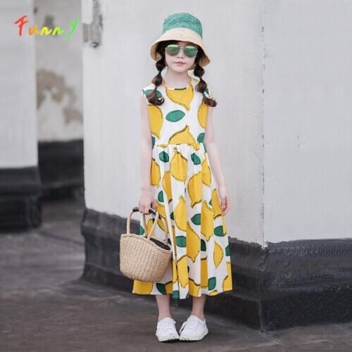 Girls Summer Dress 2020 Fashion Cotton Lemon Printed Kids Maxi Dress A Line Teenage Girl Beach Sundress Children Clothes 4-14 Y