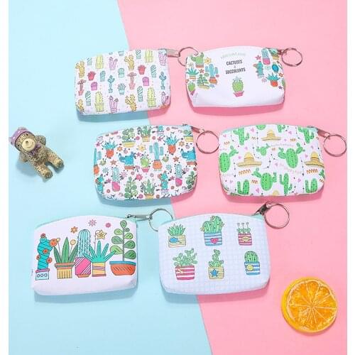 Hot 1PCS Women PU Zipper Small Coin Bags Cactus Printing Fresh Mini Coin Holder Purses Girl Childrens Wallet Key Purse Pouch