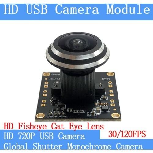 HD 720P Global Shutter Monochrome 30FPS 120fps Webcam 1280x720P OTG UVC Linux MJPEG USB Camera Module Fisheye Lens