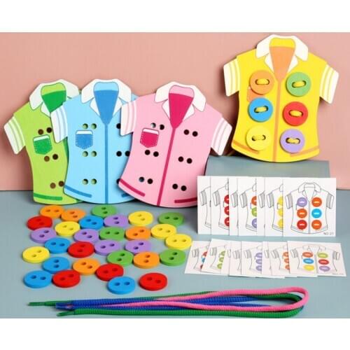 Montessori educational wooden toy children DIY Wear Clothes Rope Sewing button Parent-children Game toys for children