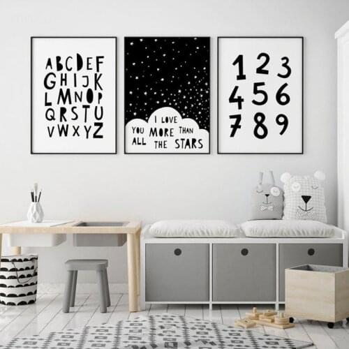 Canvas Print Painting Wall Art Cartoon Black and White Alphabet Arabic Numerals Poster for Modern Boy Bedroom Modular Pictures