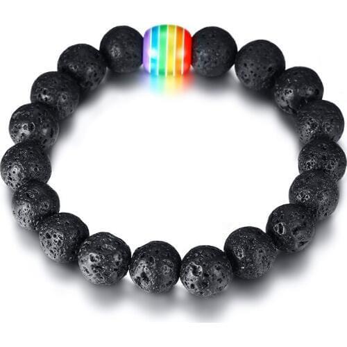 Natural Black Volcanic Lava Stone Bracelet Men Rainbow Bead Flag Gay Pride Bracelets For Women Friendship Jewelry pulsera hombre