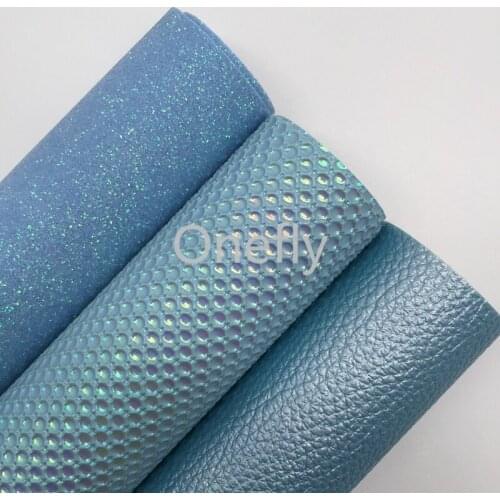 Onefly Blue Fine Glitter Leather, Pearlized Litchi Faux Leather Glitter Fabric Sheets For Bow DIY handbags shoes AQ007