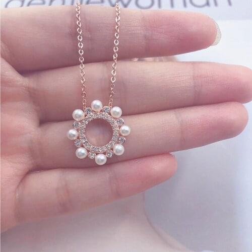 Brand 1:1 gentle temperament design sense pearl roulette diamond rose gold ring necklace exquisite ladies silver jewelry