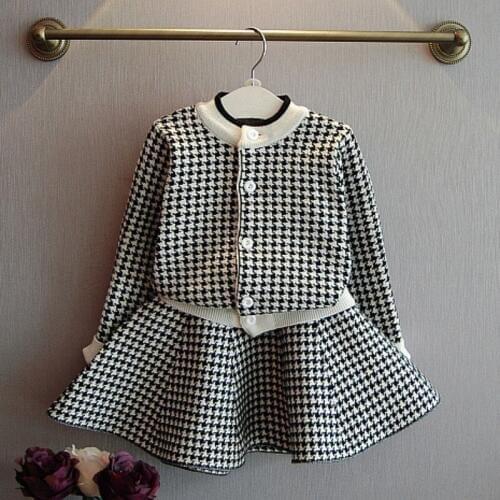 R&Z Girls Set 2019 Spring And Autumn New Plaid Knit Set Long Sleeve Sweater Cardigan + Skirt Two-Piece Set