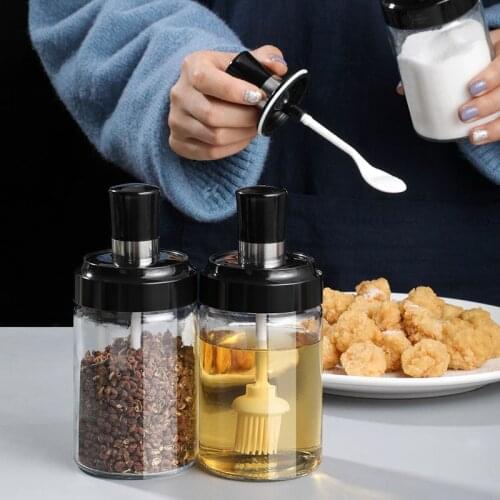 Glass Condiment Bottles Kitchen Spice Kit Bottles Pepper Spoon Box Seasoning Jars Oil Brush Honey Household Food Set Storage