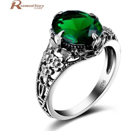 Charms 925 Sterling Silver Jewelry Ring Flower Green Rhinestone Vintage Crystal Rings For Women Wedding bijoux alibaba express
