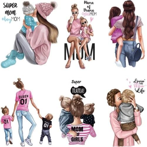 Super mom and Son daughter stripes iron on patches heat-sensitive appliques thermo stickers on clothes Iron-on transfers tops