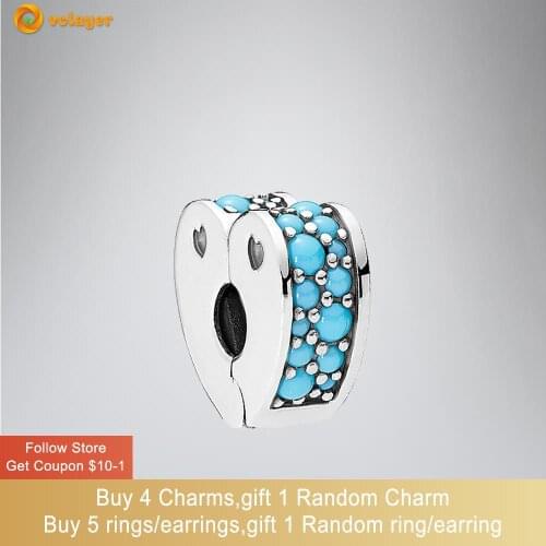 Volayer 925 Sterling Silver Beads Cyan Blue Arcs Of Love Clip Charms fit Original Pandora Bracelets Women DIY Jewelry
