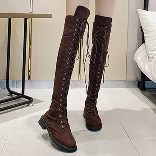 Long Boots Women Shoes Sexy Lace Up Over The Knee Boots Anti-slip Platfrom Brown Heels Thigh High Boots For Women Winter Shoes