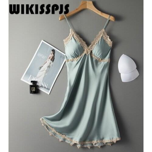 WIKISSPJS 2021 Summer New Sexy Bra Dress with Adjustable Sling Women Nightwear Sexy Sleepwear Camisoles Pink Nightgown