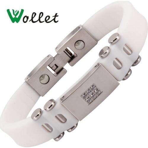 Wollet Jewelry 99.999% Germanium White Silicone Stainless Steel Bracelet Bangle for Men Women Ion Health Care Wristband Golf