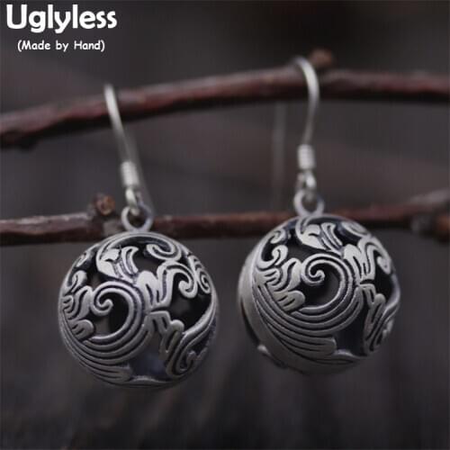 Uglyless Real S925 Thai Sterling Silver Women Hollow Balls Drop Earrings Vintage Black Silver Bell Earrings Wave Patterns Bijoux