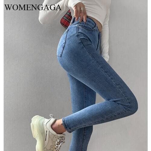 WOMENGAGA High Waisted Peach Slim Hip Jeans Love Pocket Zipper Elastic Tights Pencil Pants Trousers Sexy Women KV2B