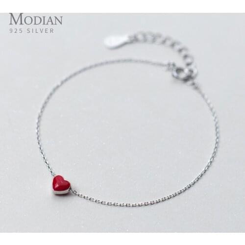 Modian 925 Sterling Silver Red Enamel Hearts Layers Chain Bracelet for Women Geometric Lobster Lock Bracelet Fashion Jewelry