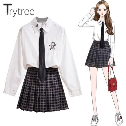 Trytree 2020 Autumn Women Casual Two Piece Set Cartoons Embroidery Tie Blouse + Pleated Skirt Plaid Set Preppy Style 2 Piece Set