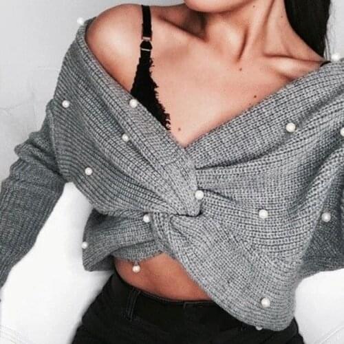 Pearl Beading V Neck Twist Sweater Sweet Burgundy Women Pullovers Knit Jumper Long Sleeve Casual Solid Sweater pull femme