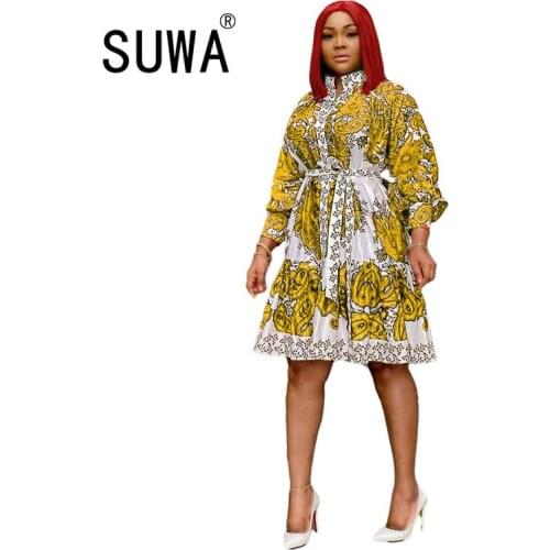Hot Recommend Style Vintage Printed Long Sleeve Womens Dresses Fall 2021 Elegant Work Wear Office Ladies Knee Length Dresses