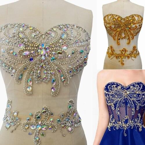1Set Handmade Pearls Stones Rhinestones Applique Crystal Patches Bodice Sew on Mesh Appliqued for Wedding Dress Accessory