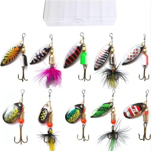 10pcs Fishing Lures Spinnerbait for Bass Trout Salmon Walleye Hard Metal Spinner Baits Kit with Tackle Box