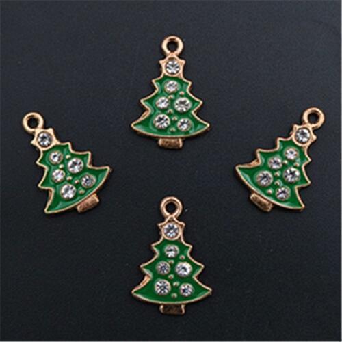 WKOUD 6pcs Golden Drip Oil Point Rhinestone Christmas Tree Charm Necklace Bracelet DIY Christmas Metal Jewelry Alloy Pendants