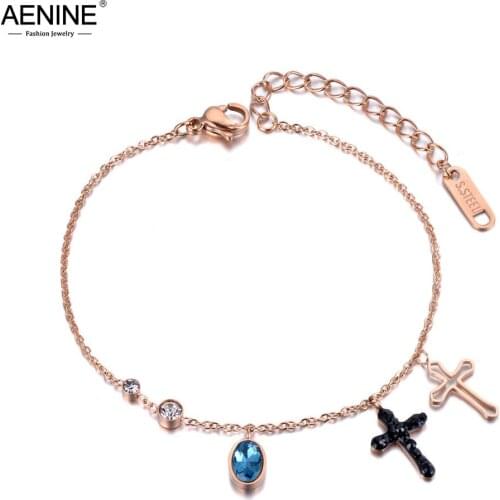 AENINE Stainless Steel CZ Crystal Cross Charm Bracelets Bangle For Women Girls Link Chain Bohemia Beach Bracelet Jewelry AB19023