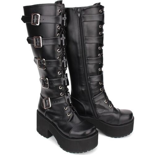 Angelic imprint New Arrival PU Leather Round Toe Punk style Platform Knee Lace Up High Boots Stars Lolita Shoes Size 35-46