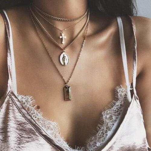 4Pcs Multilayer Link Chain Cross Round Coin Rectangle Geometric Pendant Dangle Necklace Women Long Summer Trendy Choker Jewelry