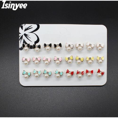 ISINYEE 12 Pairs/set Tiny Pearl Bowknot Flower Heart Crown Small Stud Earrings Sets For Women Little Girls Kids Crystal Jewelry