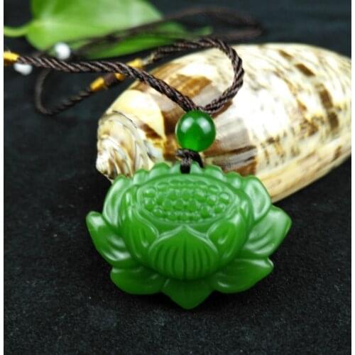 Chinese Green Jade Lotus flower Pendant Beads Necklace Charm Jewellery Fashion Accessories Hand-Carved Men Lucky Gifts Amulet